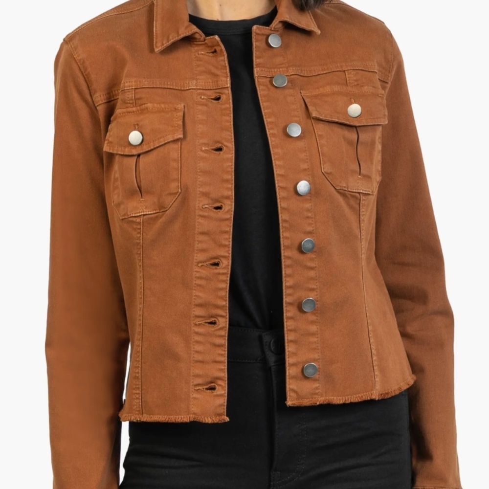 KUT From The Kloth Kara Jacket XS Rust Snap Button Raw Hem Denim Style